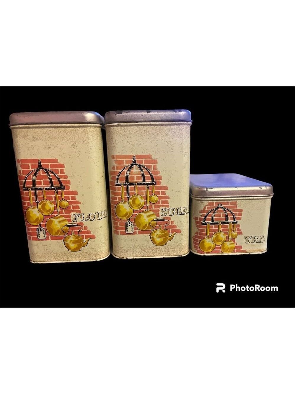 Vintage Tin canister flour sugar tea  tan red brickdesign